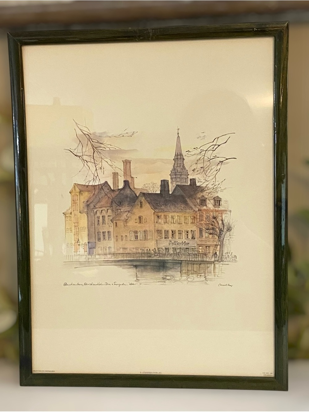 Vintage Signed Mads Stage Danish City Scape Framed Under Glass Print #4